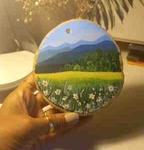 Meadow Horizon – Hand-Painted Landscape Art on Wood Slice